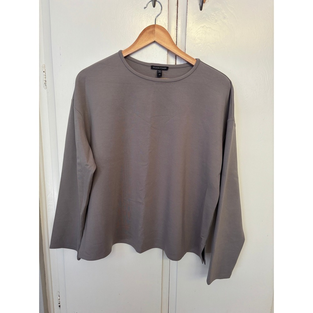 Eileen Fisher Womens Tencel Lyocell Blend Boxy Long Sleeve Top Taupe  S/P